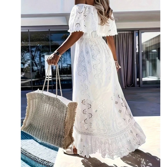 Boho White Embroidered Off Shoulder High Low Dress - Picture 2 of 3